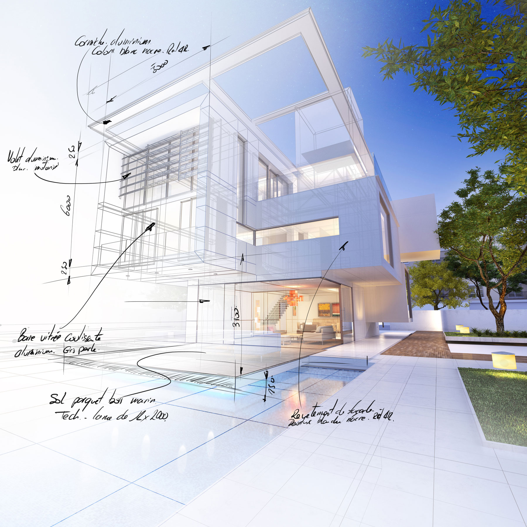 3d-rendering-luxurious-villa-contrasting-with-technical-draft-part 2